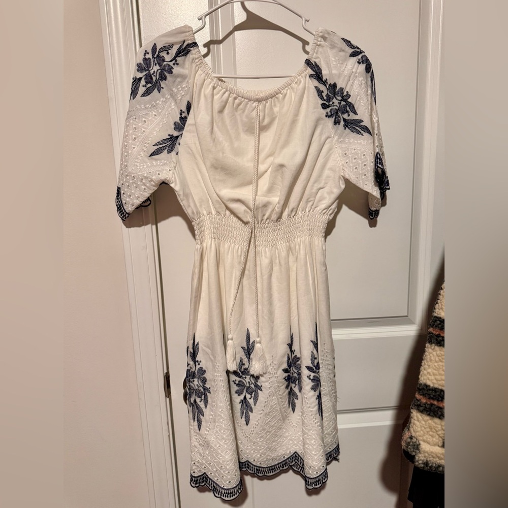 Elegant White and Blue Embroidered Midi Dress